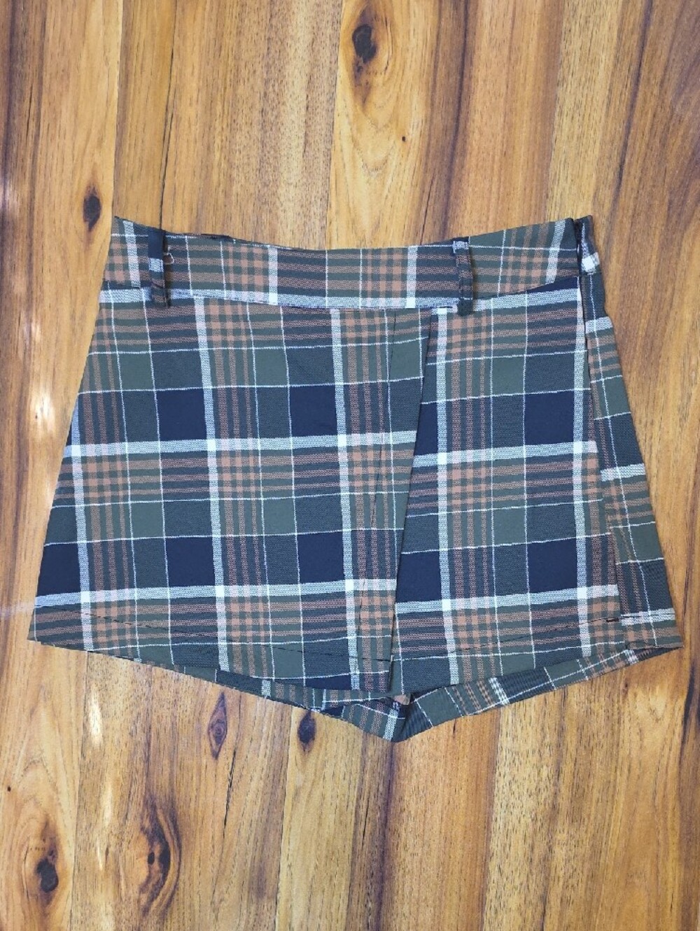 Plaid Belted Women’s Mini Skort - Olive, Tan & Black